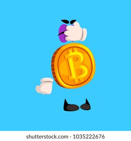 Funny bitcoin character closed eyes with its hand, crypto currency emoticon vector Illustration on a sky blue background