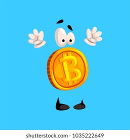 Funny bitcoin character standing with rising hands, crypto currency emoticon vector Illustration on a sky blue background