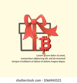 Funny bitcoin with a gift. Poster with space for text. Digital currency. Cryptocurrency sign and inscription on a light background. Illustration of financial technology.