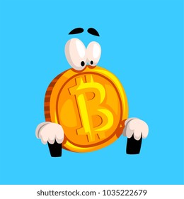 Funny bitcoin sitting, crypto currency emoticon vector Illustration on a sky blue background