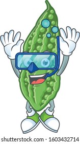 Funny bitter melon mascot design with Diving glasses