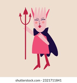 Funny bizarre Demon with a trident. Illustration in a fashionable flat style for Halloween