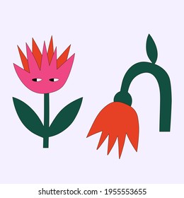 funny bizarre flower with eyes. Hippie plants in the style of the 60s and 70s. Primitive tulip and cornflower. Isolated botanical element. Flower groove character. Red vector bud on a white background