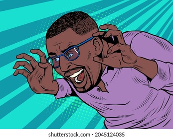 Funny black african american man scares pose, halloween mood. A friendly joke