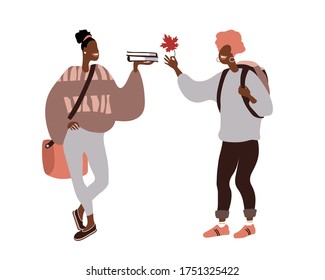 funny black afro american girls students with books, school bags & an autumn maple leaf, laugh girlfriends, color vector illustration isolated on a white background in a flat design , cartoon style