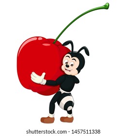 Funny Black Ant With Cherry Cartoon For Your Design