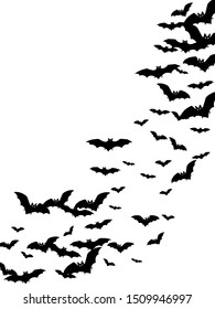 Funny black bats flock isolated on white vector Halloween background. Flying fox night creatures illustration. Silhouettes of flying bats traditional Halloween symbols on white.