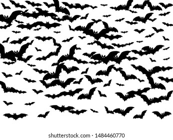Funny black bats swarm isolated on white vector Halloween background. Flying fox night creatures illustration. Silhouettes of flying bats vampire Halloween symbols on white.