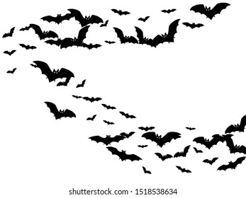 Funny black bats swarm isolated on white vector Halloween background. Flying fox night creatures illustration. Silhouettes of flying bats vampire Halloween symbols on white.