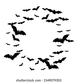 Funny black bats swarm isolated on white vector Halloween background. Flying fox night creatures illustration. Silhouettes of flying bats vampire Halloween symbols on white.