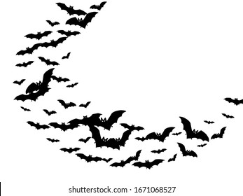 Funny black bats swarm isolated on white vector Halloween background. Flying fox night creatures illustration. Silhouettes of flying bats vampire Halloween symbols on white.