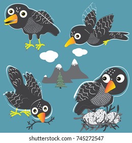 Funny black birds on a nest with eggs. Cartoon birds in different poses.