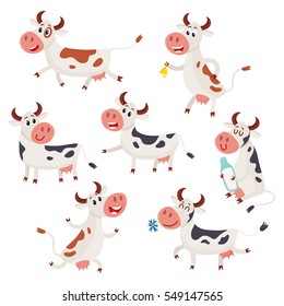 Funny black, brown and white spotted cow characters standing, sitting, running, cartoon vector illustration set isolated on white background. Cow characters, design element for farm, dairy products