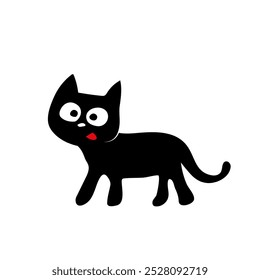 Divertido gato loco de dibujos animados negro con lengua roja. Silueta de gato dibujado a mano peculiar con ojos grandes para el símbolo, logotipo, icono de Web, mascota, signo, etiqueta engomada, diseño