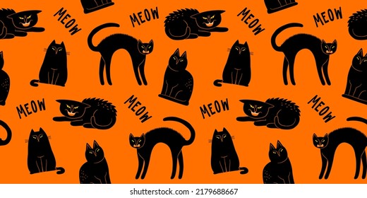 Funny black cat animal seamless pattern cartoon illustration. Cute hand drawn halloween cats texture, creepy witch pet background. 
