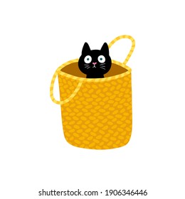 Funny black cat in a basket purse. A surprised look, scared. Vector illustration in simple hand drawn childish cartoon style. Isolate on a white background