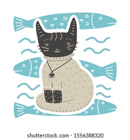Funny black cat in a beige sweater sits on a background of fish. Funny black cat with a medal. Cute illustration with a pet. Vector stock illustration for printing on t-shirts and for web design