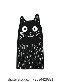 Funny black cat with big eyes in cartoon style, doodle style, hand-drawn, on a white background