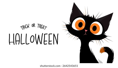 Funny black cat with big orange eyes and Halloween lettering on white background, Flat Illustration