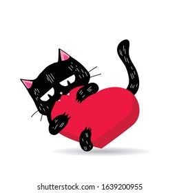 Funny black cat biting a huge heart. Illustration of a Valentine's Day greeting card. Vector illustration in a cartoon style. Isolated on white background.