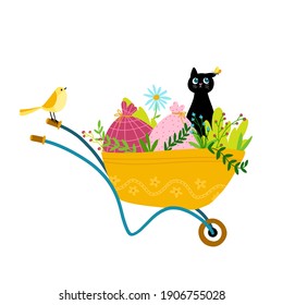 Funny black cat with a butterfly on his ear in a garden wheelbarrow with plants and bags. Spring concept, vector illustration in simple hand drawn childish cartoon style. Isolate on a white background