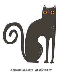 Funny black cat character isolated on white. Hand drawn vector illustration.