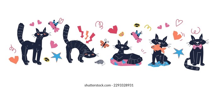 Funny black cat characters in different poses flat vector illustration isolated on white background. Domestic black cat sleeping, playing and hunting, for veterinary and pets care theme.