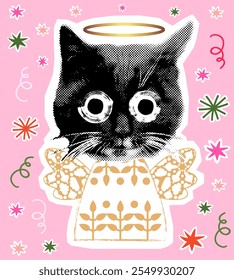 Funny black cat, comic vector angel kitty, fun Christmas holiday design for greeting cards and posters