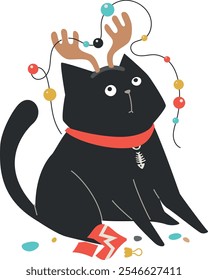 funny black cat in deer antlers headband. new year or christmas cute cartoon black fat kitten. broken christmas ornament. winter holidays celebration card. vector illustration isolated.