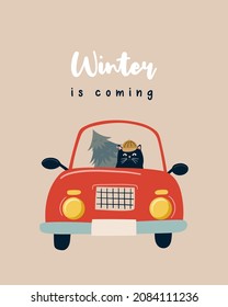 Funny Black cat driver carries a Christmas tree in a red car. Christmas and New Year illustration, greeting card