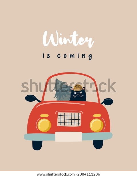 Funny Black cat\
driver carries a Christmas tree in a red car. Christmas and New\
Year illustration, greeting\
card