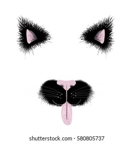 Funny black cat face items. Cat ears and nose details. For photo decoration.
