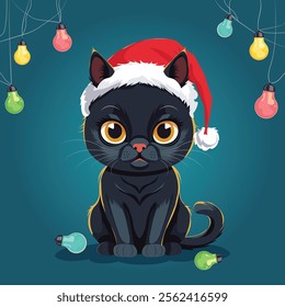 A funny black cat in a festive Santa hat plays with a New Year's garland. No artificial intelligence was used to create the illustration. 
