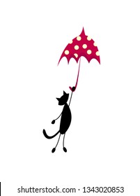 funny black cat flying on a red umbrella. vector isolate.