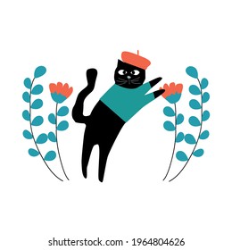 Funny black cat with a French-style hat on her head and summer leaves around. Vector illustration 