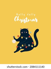 Funny black cat with garlands. Merry Christmas and New Year illustration, greeting card