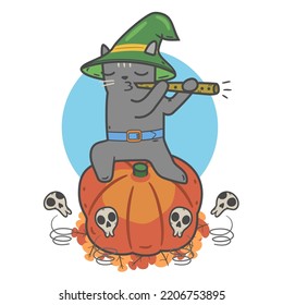 A funny black cat with a green hat sits on a pumpkin and plays the flute. Cute black cat and red pumpkin symbol of Halloween. Vector illustration for Halloween design