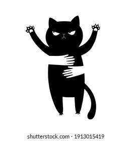 Funny black cat. Hands hug angry cat. Cartoon style. Vector illustration.  Adorable doodle animal. Isolated objects on white background. Good for posters, t shirts, postcards.