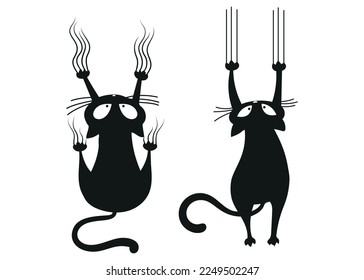 funny black cat hanging on the wall feline hand drawn illustration isolated