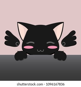 Funny black cat head with wing hanging paw on pink background vector design illustration