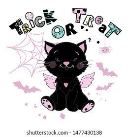 Funny black cat and the inscription trick or treat on a white background. Halloween concept