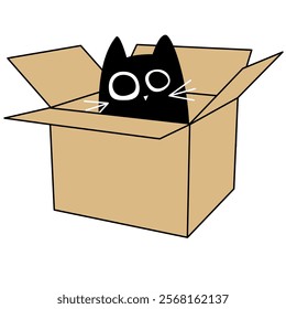 Funny black cat inside a cardboard box 