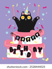 Funny black cat jumping out of the birthday cake. Happy birthday greeting card, flat and colorful illustration.