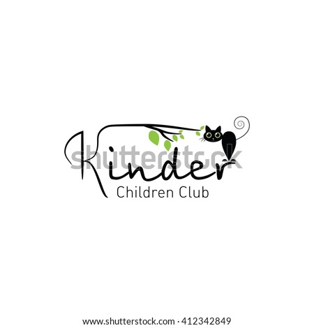 Funny black cat  - logotype for children club. Vector Logo Template
