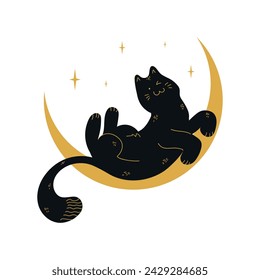 Funny black cat is lying on a crescent. Vector illustration