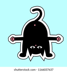 Funny black cat on blue background. Black cat sticker vector illustration. Cute black cat with open hands.
