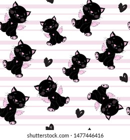 Funny black cat on a white background seamless pattern