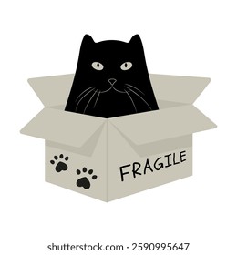 Funny Black Cat Peeking From a Fragile Box in a Playful Moment. Vector Art Style