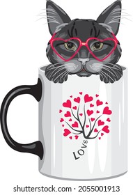 Funny Black Cat Peeking Out Of A Mug. Vector