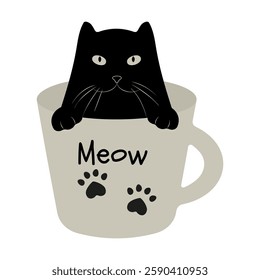 Funny Black Cat Peeking out of a Mug With Cute Paw Prints